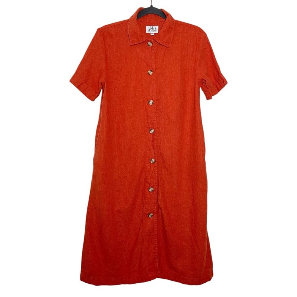 Me & Arrow. Orange Red Linen Blend Button Front Short Sleeve Shirt Dress - XS
